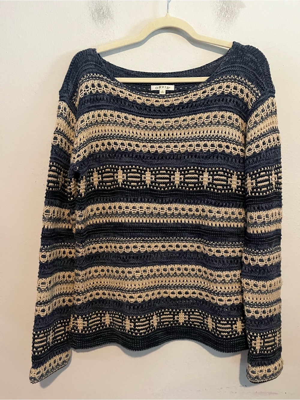 Orvis Navy and Cream Striped Open-Knit Sweater Medium Southwestern Boho